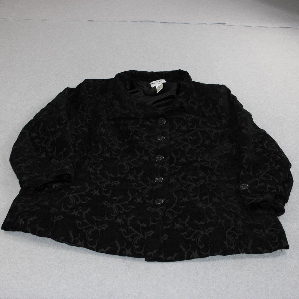 NorthStyle Jacket Women 24W Black Jacquard Floral Button Lined Plus Size Classic